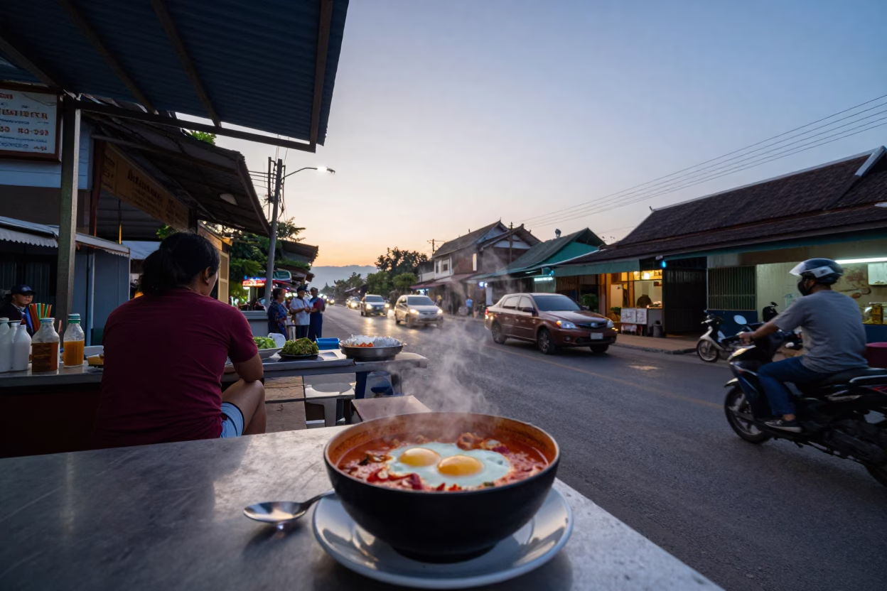 First light dawn street scene Chiang Mai Thailand with morning food vendor and traffic in in Chiang Mai, Thailand
