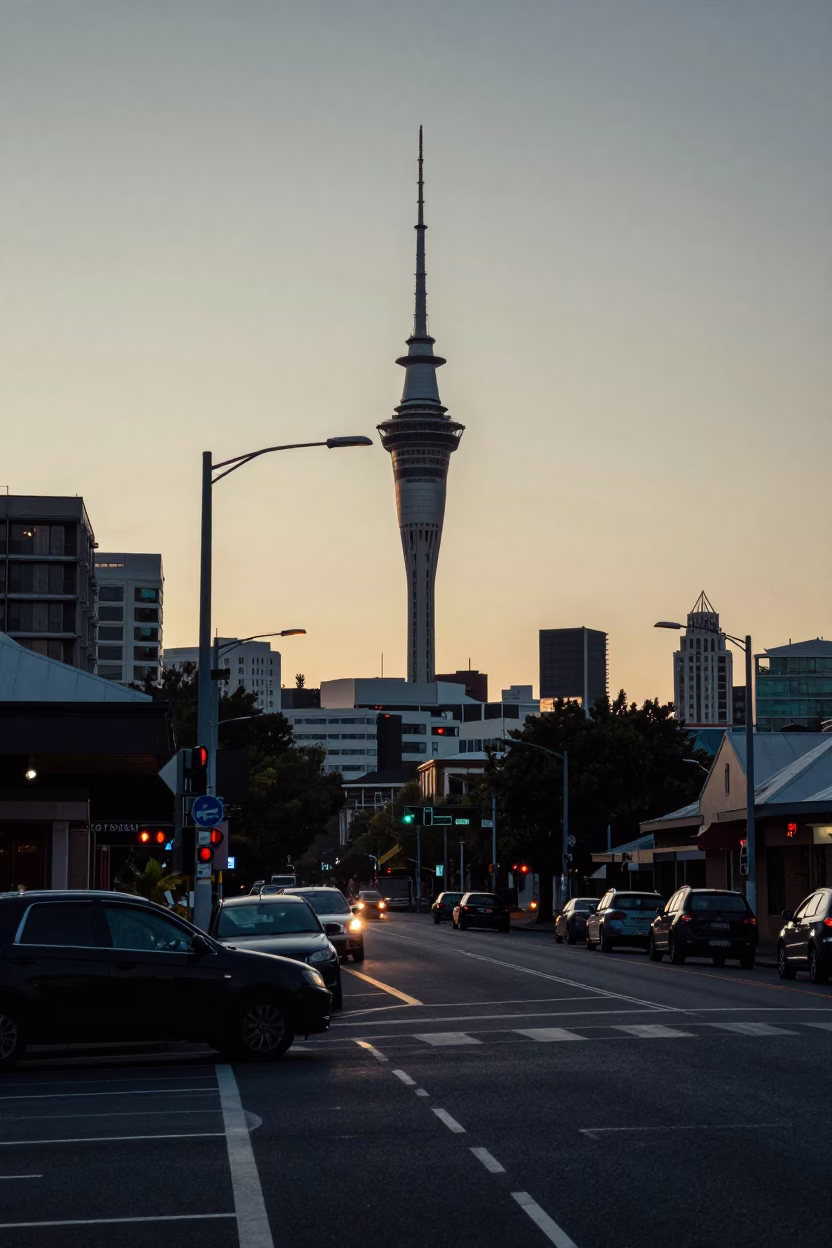 First Light Dawn Street Scene in Auckland New Zealand with Vintage 1950s Atmosphere in in Auckland, New Zealand
