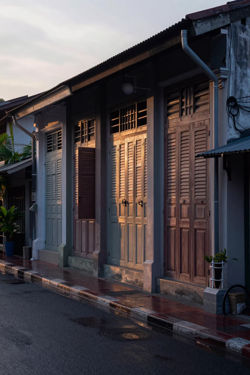 First Light Dawn Street Scene in Bangkok Thailand with Traditional Shuttered Shopfront in in Bangkok, Thailand