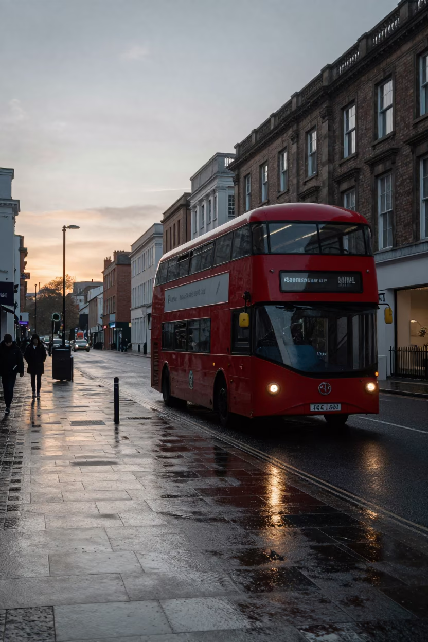 First Light Dawn Street Scene in Bristol UK with Vintage Bus and Rain in in Bristol, United Kingdom