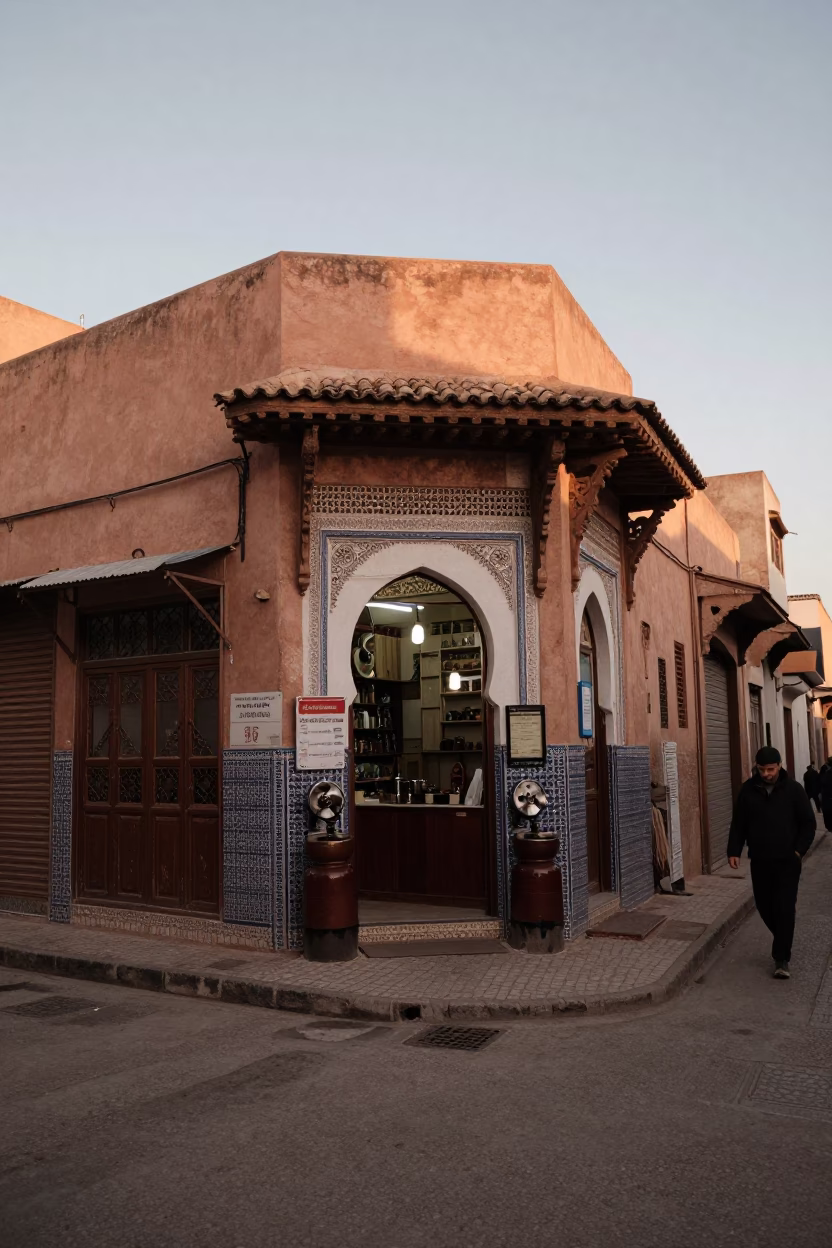 First Light Dawn Street Scene in Casablanca Morocco with Coffee Grinder and Utensils in in Casablanca, Morocco