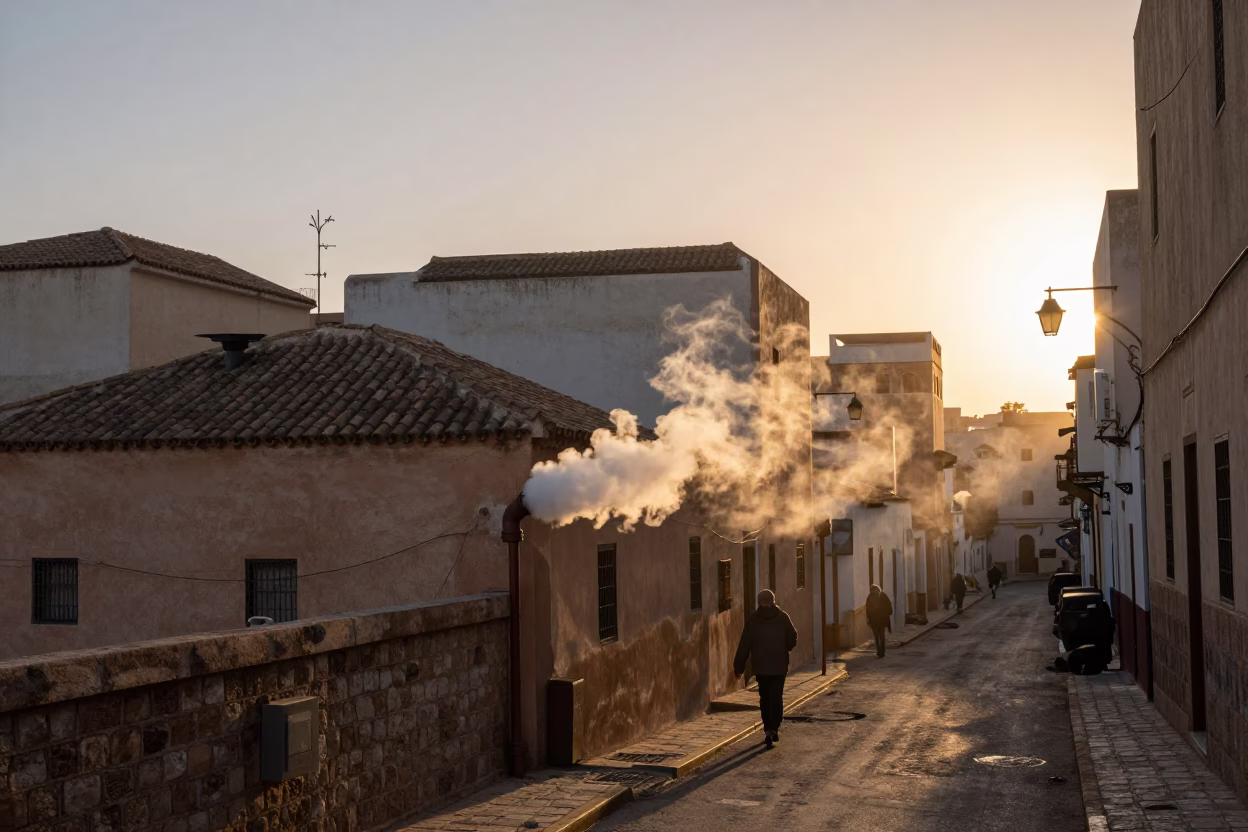 First Light Dawn Street Scene in Casablanca Morocco with Steaming Heating Pipe in in Casablanca, Morocco