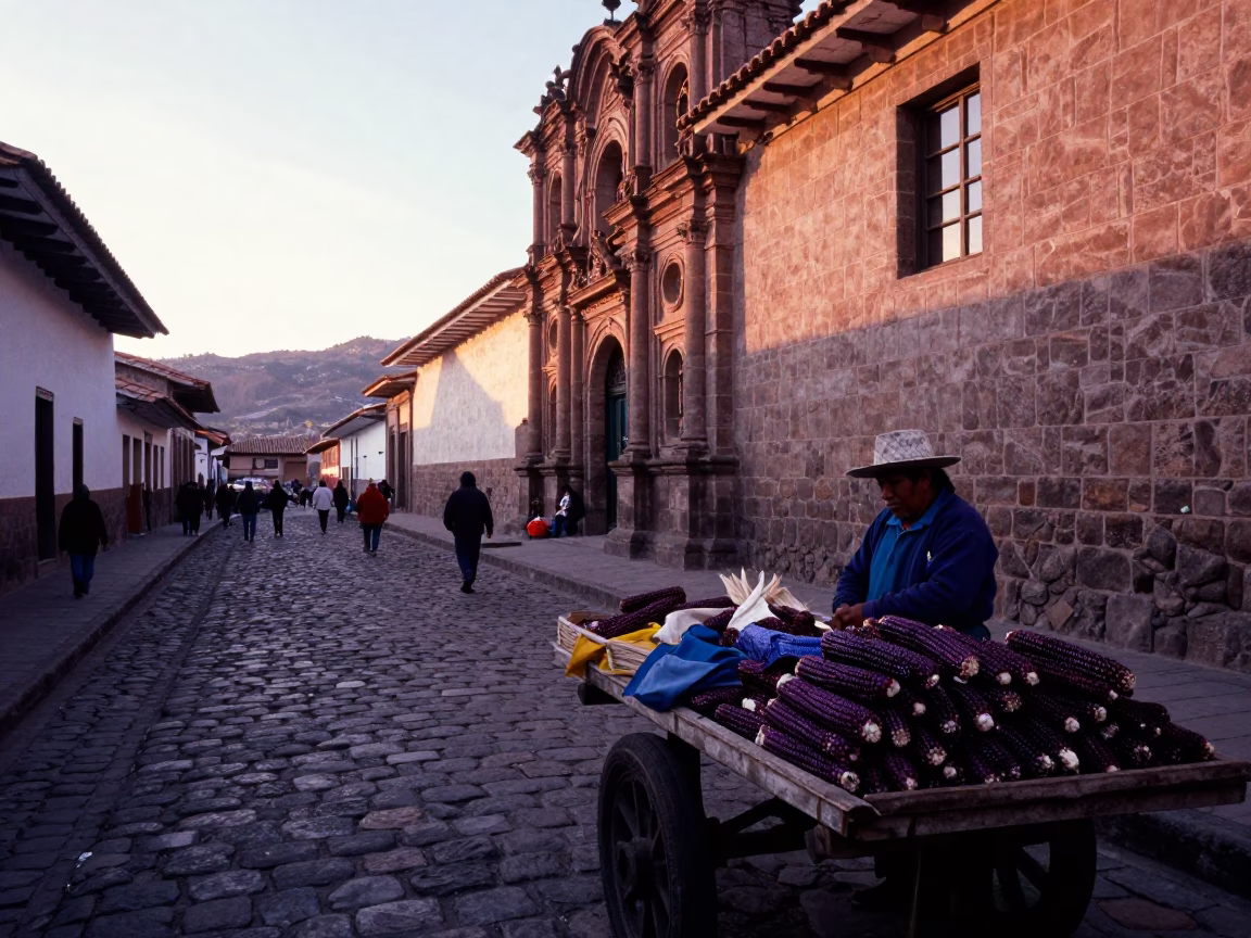 First Light Dawn Street Scene in Cusco Peru with Andean Market Activity in in Cusco, Peru