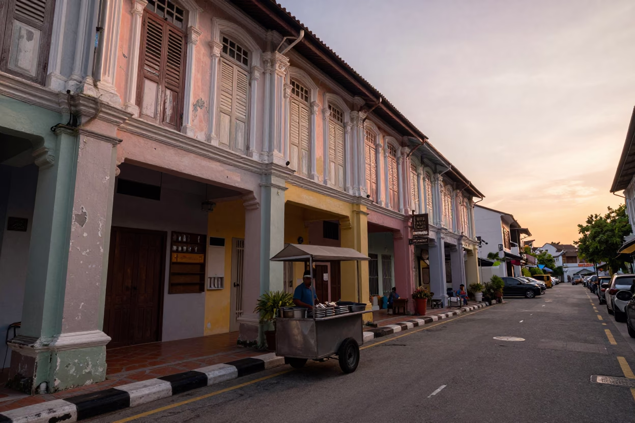 First Light Dawn Street Scene in George Town Malaysia with Vintage Cutlery in in George Town, Malaysia