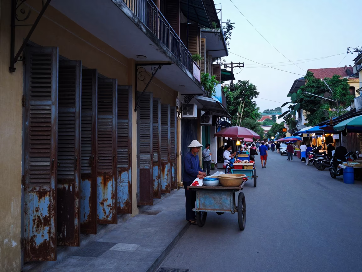 First Light Dawn Street Scene in Hanoi Vietnam with Morning Market Activity in in Hanoi, Vietnam