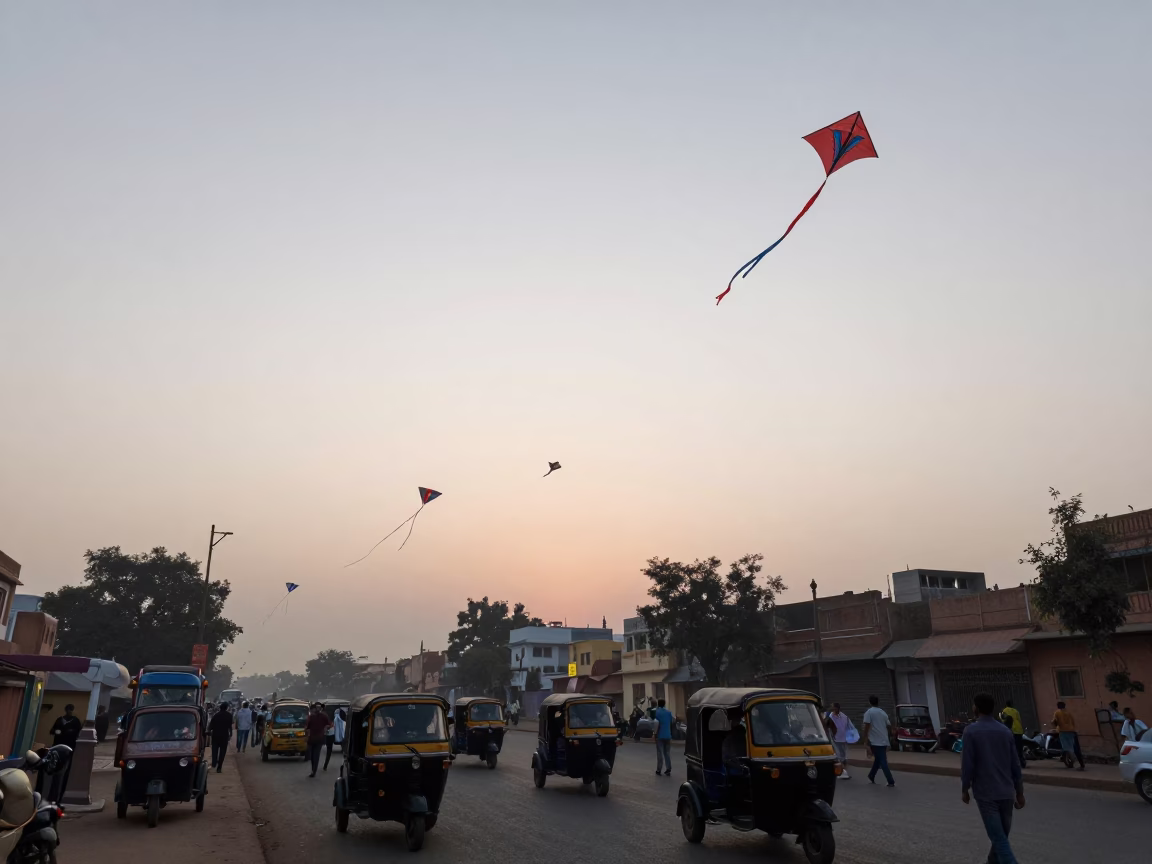 First Light Dawn Street Scene in Jaipur India with Kite Festival Sky in in Jaipur, India