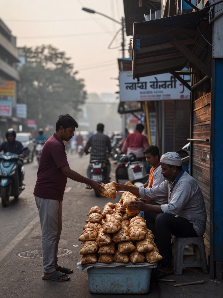 First Light Dawn Street Scene in Kolkata India with Woven Bread Basket in in Kolkata, India
