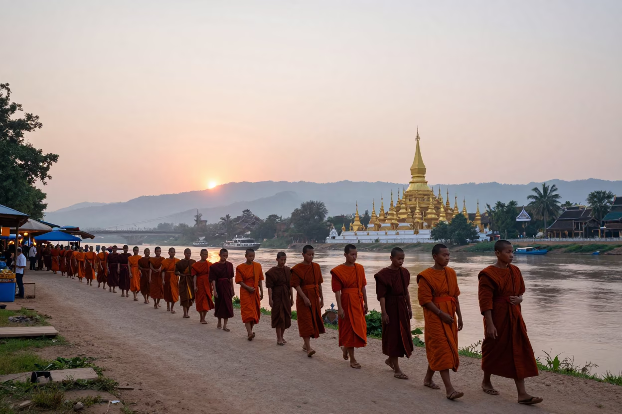 First Light Dawn Street Scene in Luang Prabang Laos Monks and Market Activity in in Luang Prabang, Laos