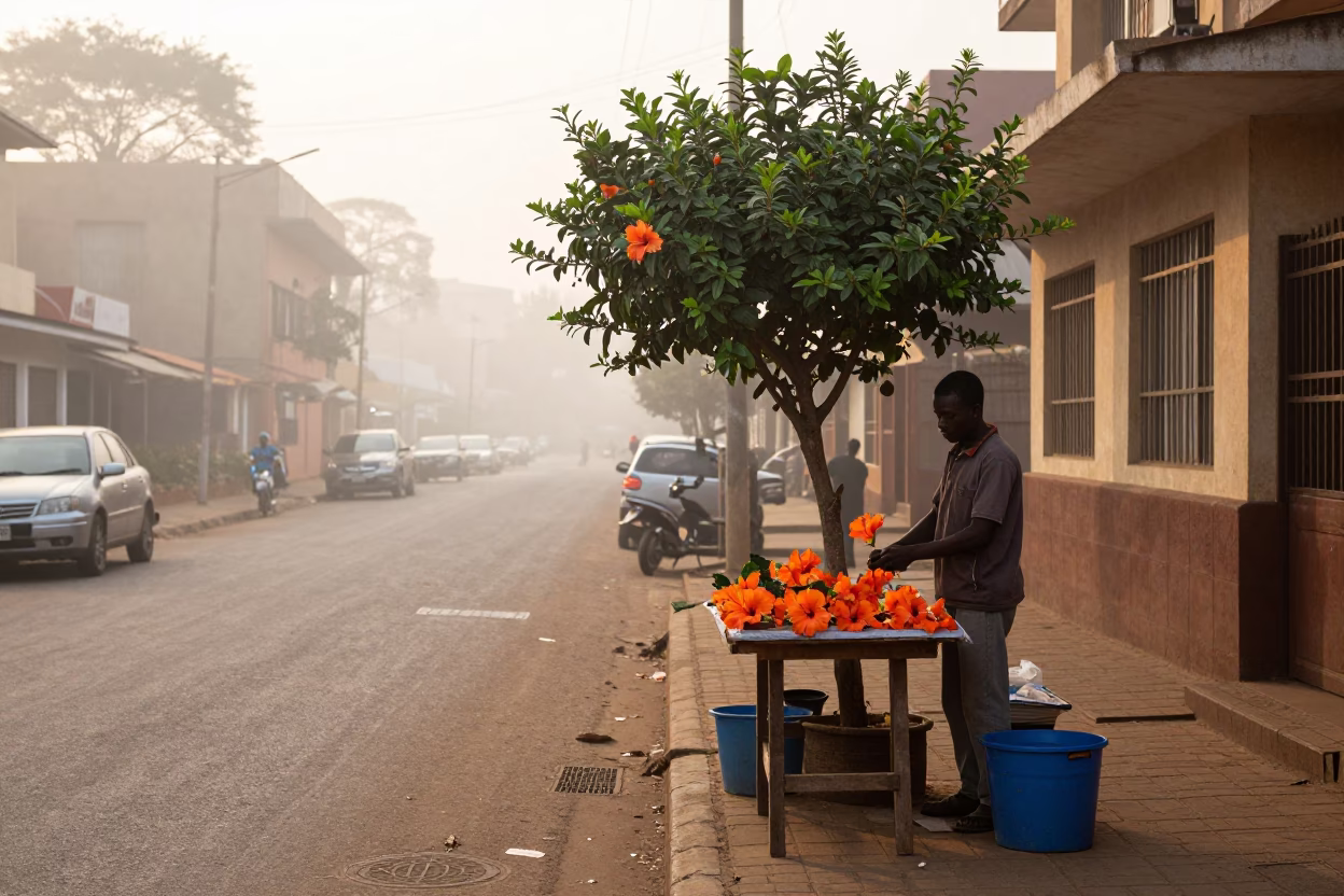 First Light Dawn Street Scene in Nairobi Kenya with Flowering Plant in in Nairobi, Kenya