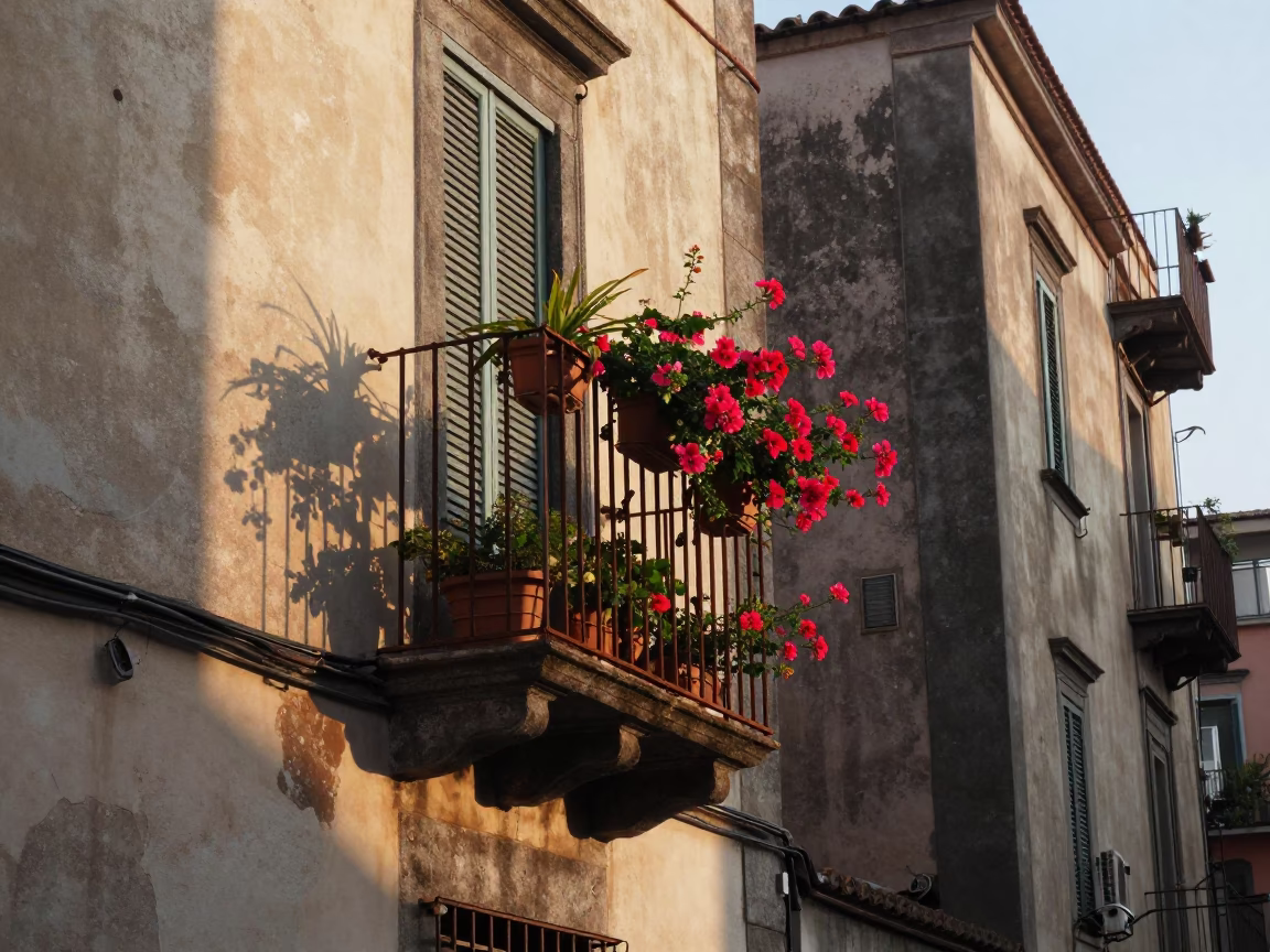First Light Dawn Street Scene in Naples Italy with Flowering Plant and Vintage Details in in Naples, Italy