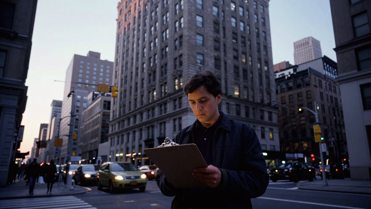 First Light Dawn Street Scene in New York City with Clipboard and Clipboard User in in New York, New York, United States
