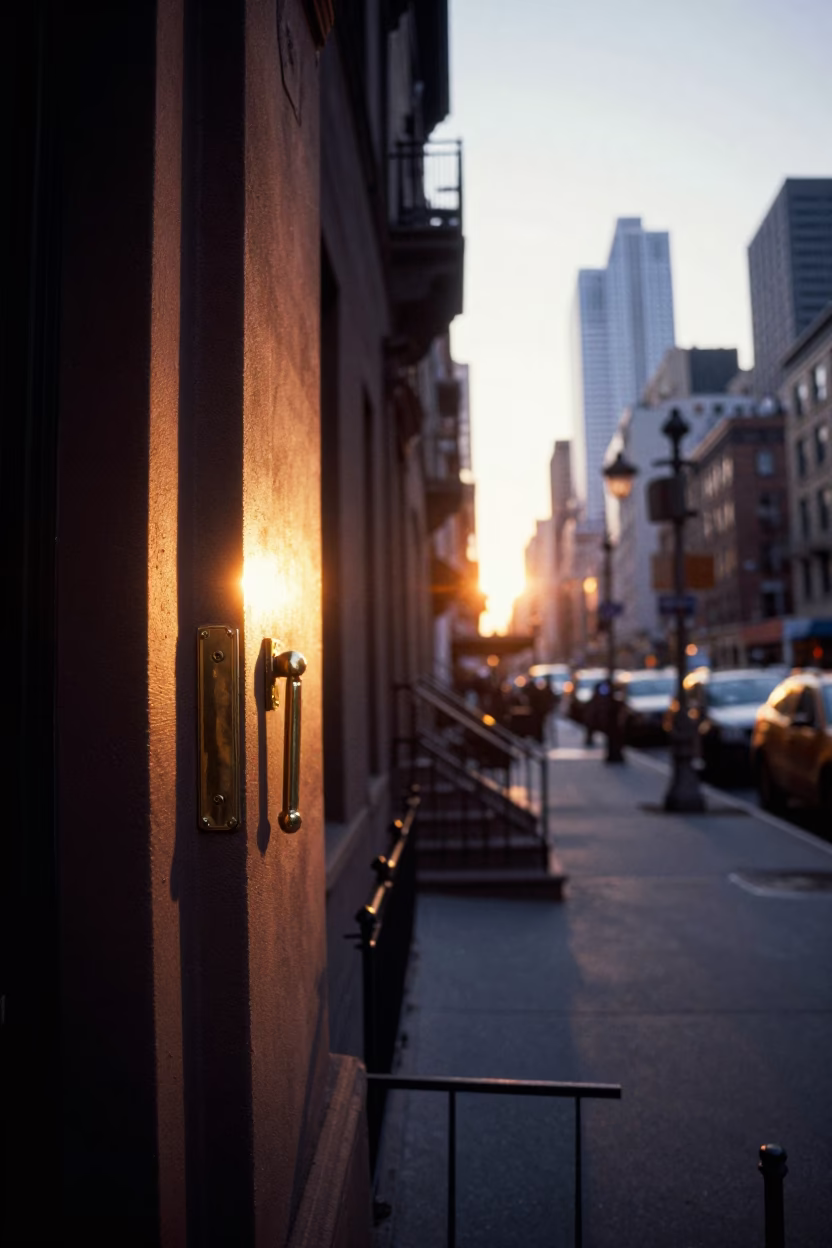 First Light Dawn Street Scene in New York City with Sun Stripe on Latch in in New York, New York, United States