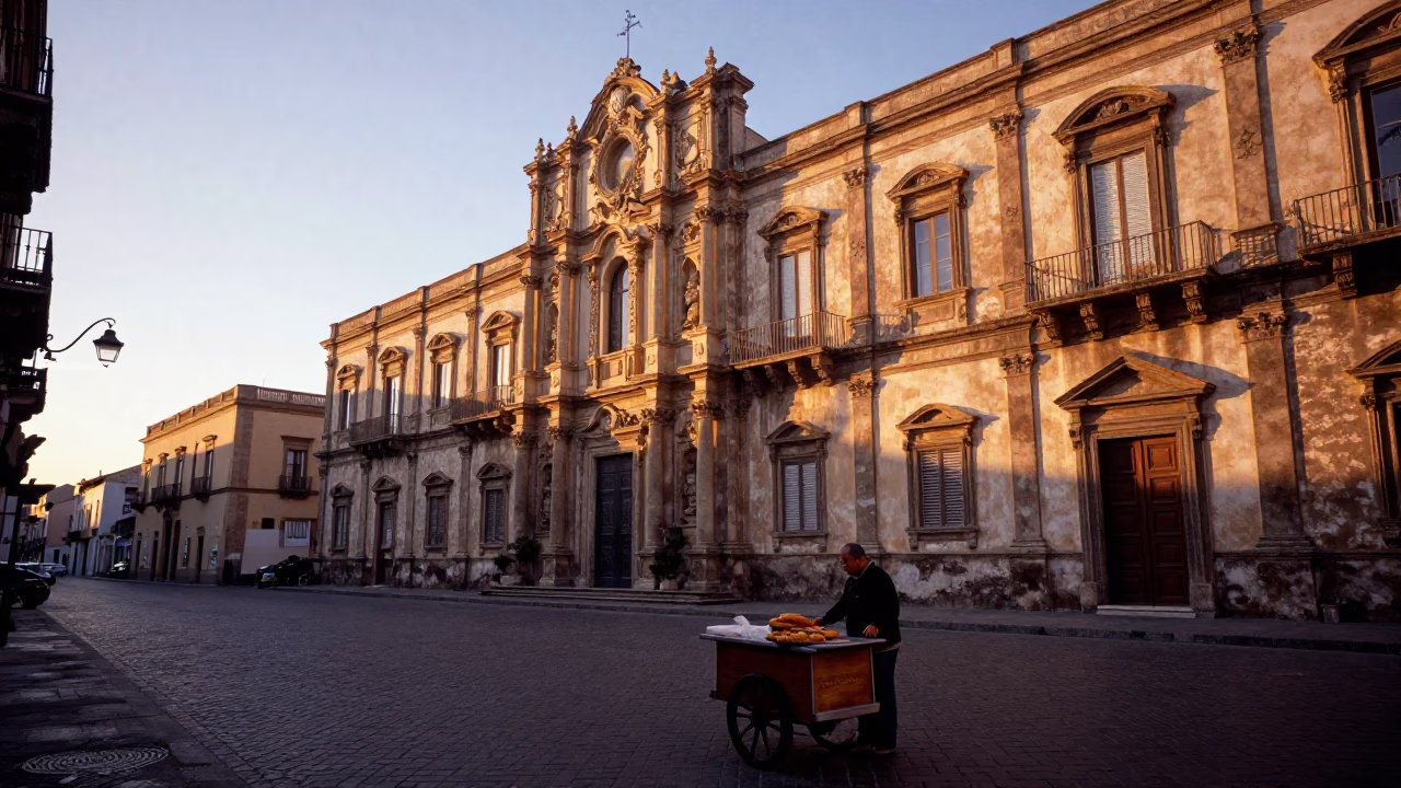 First Light Dawn Street Scene in Palermo Italy with Bread and Coffee in in Palermo, Italy