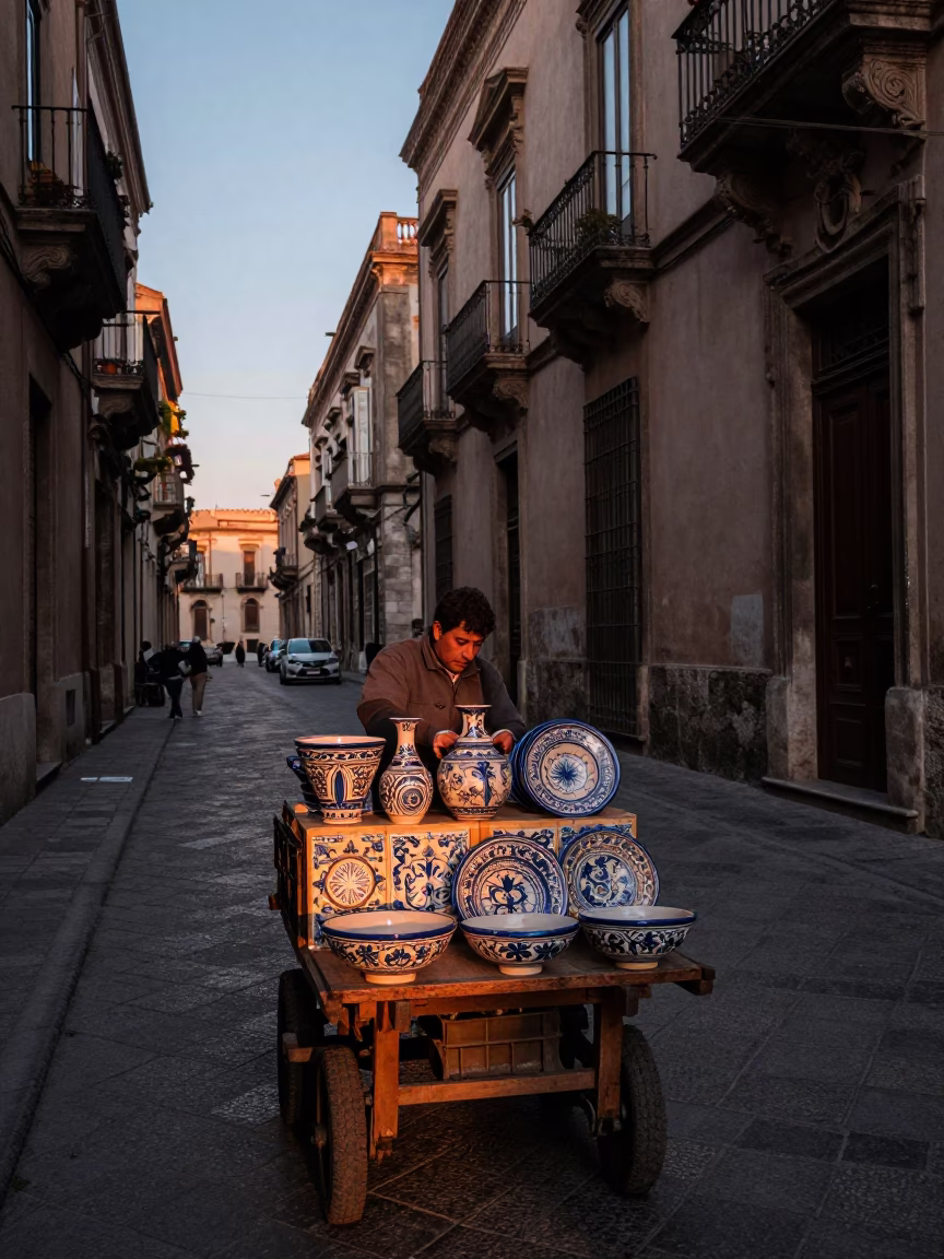 First Light Dawn Street Scene in Palermo Italy with Majolica and Morning Commute in in Palermo, Italy