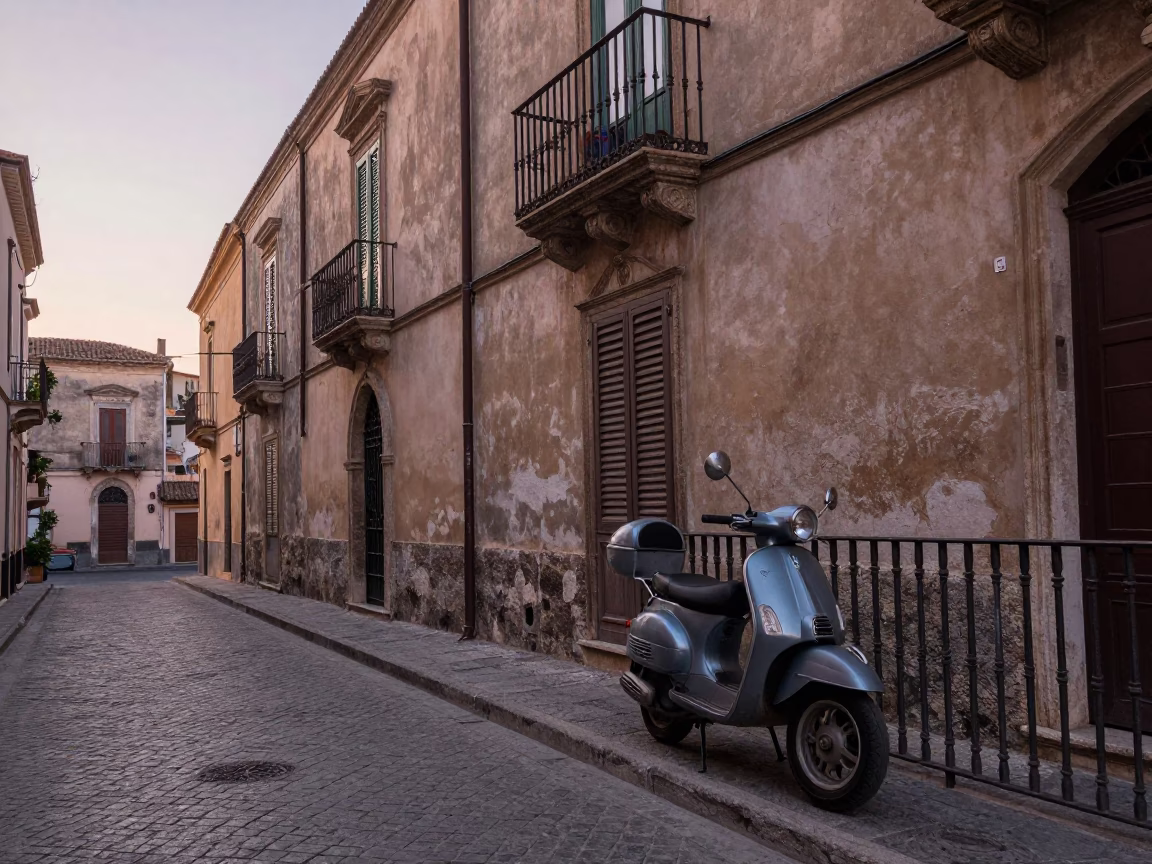 First Light Dawn Street Scene in Palermo Italy with Vintage Motorcycle and Lantern in in Palermo, Italy