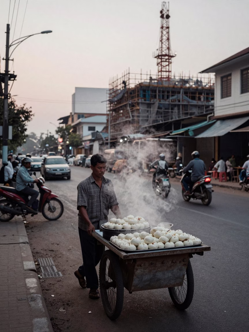 First Light Dawn Street Scene in Phnom Penh Cambodia with Construction and Daily Life in in Phnom Penh, Cambodia