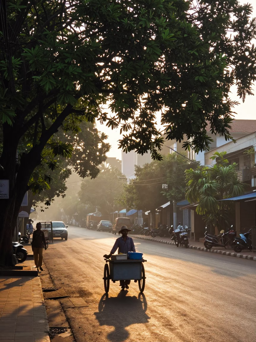 First Light Dawn Street Scene in Phnom Penh Cambodia with Local Morning Routine in in Phnom Penh, Cambodia
