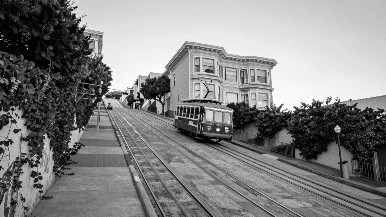 First Light Dawn Street Scene in San Francisco California with Funicular and Autumn Vines in in San Francisco, California, United States