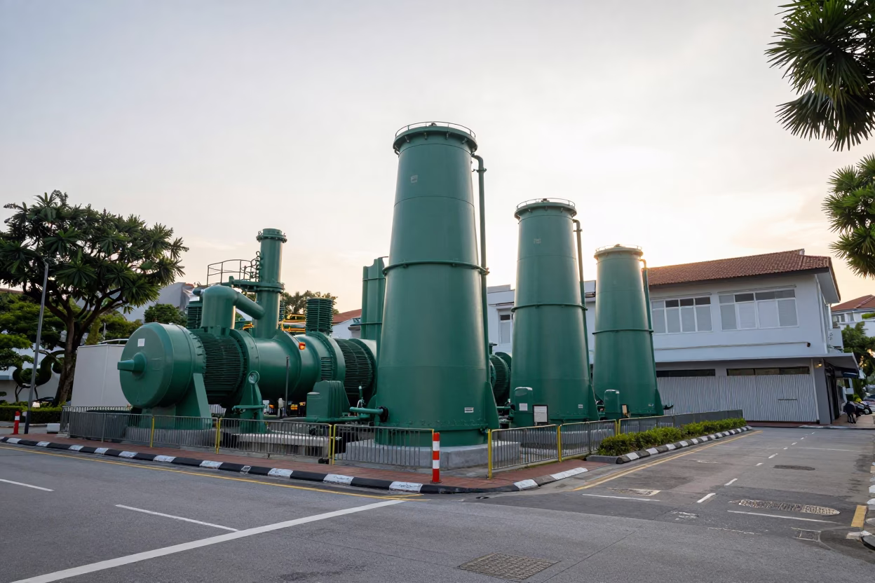 First Light Dawn Street Scene in Singapore Featuring Green Pumping Station and Local Transit in in Singapore, Singapore