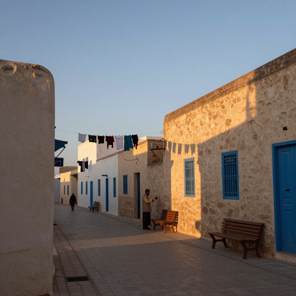 First Light Dawn Street Scene in Tunis Tunisia with Laundry Pins and Morning Activity in in Tunis, Tunisia