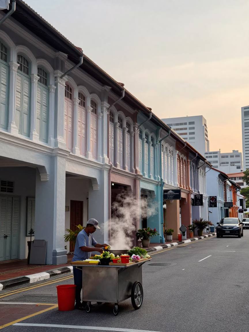First light dawn street scene Singapore colonial architecture with street vendor preparing food in in Singapore, Singapore