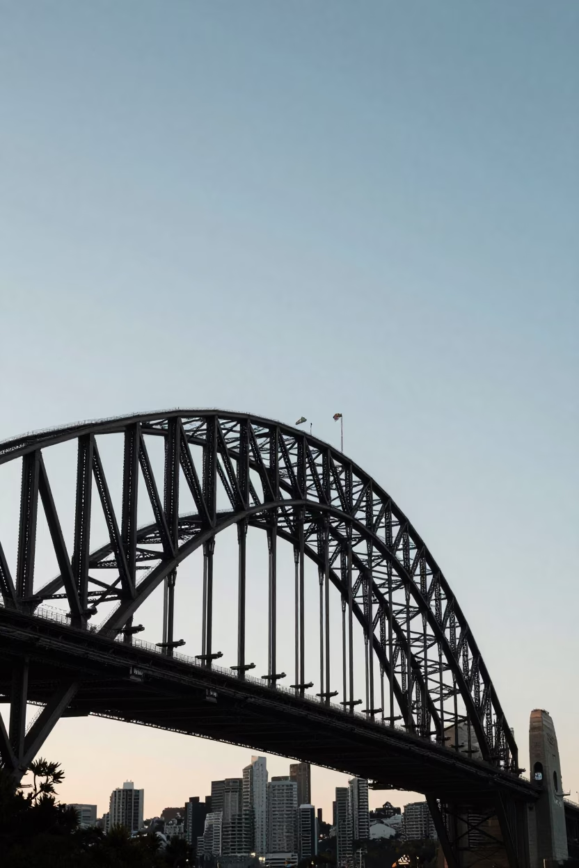 First Light Dawn Sydney Harbour Bridge Steel Girders and Bicycle Basket Reflection in in Sydney, New South Wales, Australia