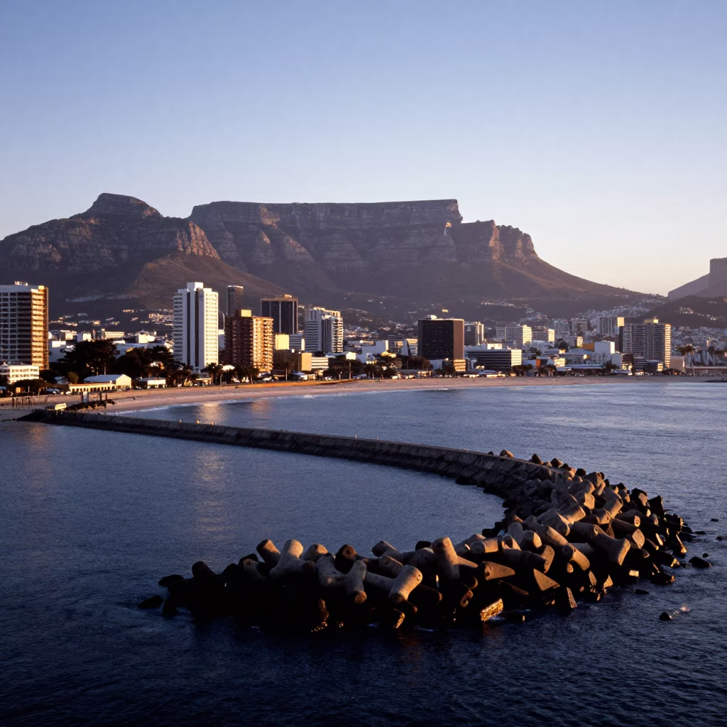 First Light Dawn View of Cape Town Spiral Harbor Breakwater and Table Mountain in in Cape Town, South Africa