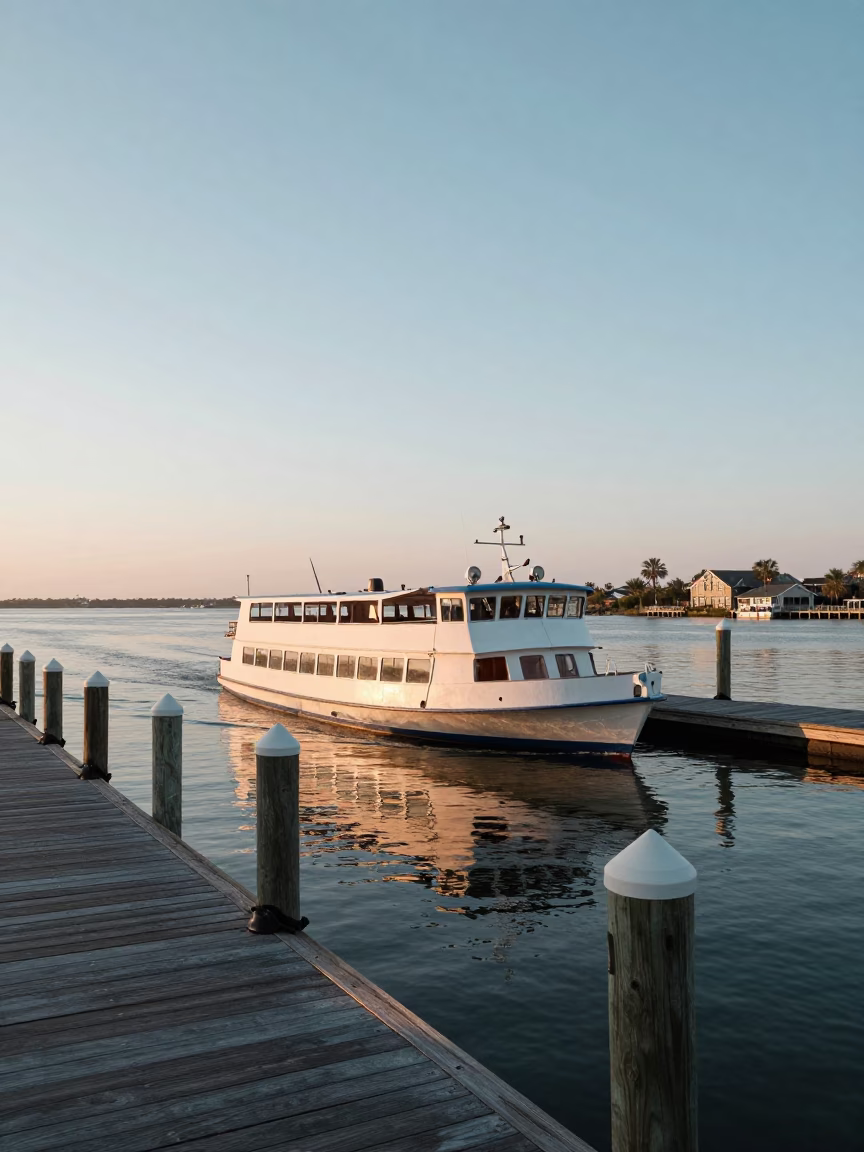 First Light Dawn Water Taxi Docking at Charleston South Carolina Historic Harbor in in Charleston, South Carolina, United States