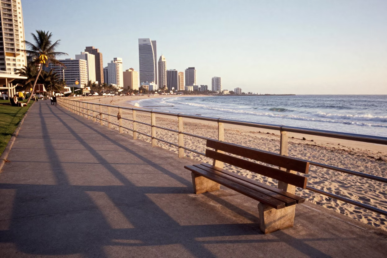 First Light Durban Beachfront Promenade with Bananas and Wooden Bench in in Durban, South Africa