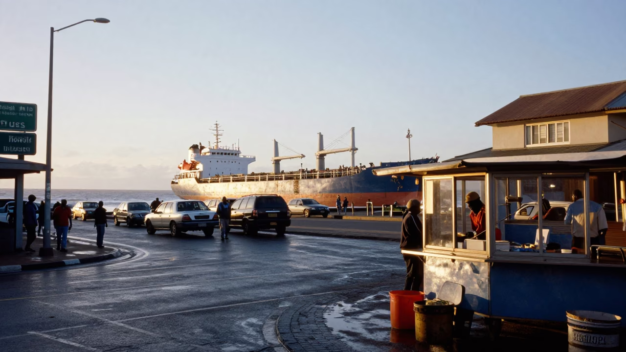 First Light Durban South Africa Coastal Street Scene with Cargo Ship Horizon in in Durban, South Africa
