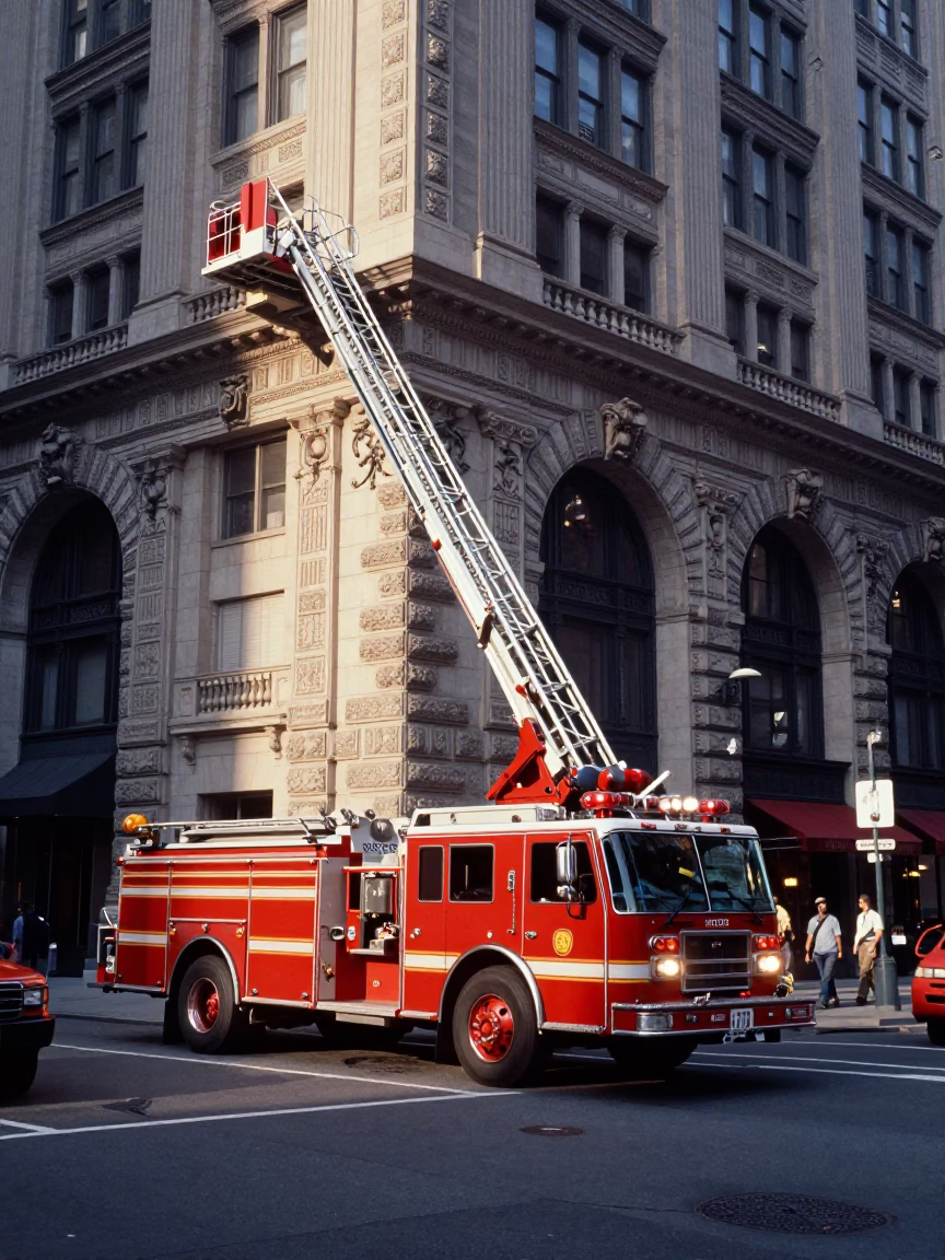 First Light Fire Engine Extended Ladder Manhattan Street Scene New York City in in New York, New York, United States
