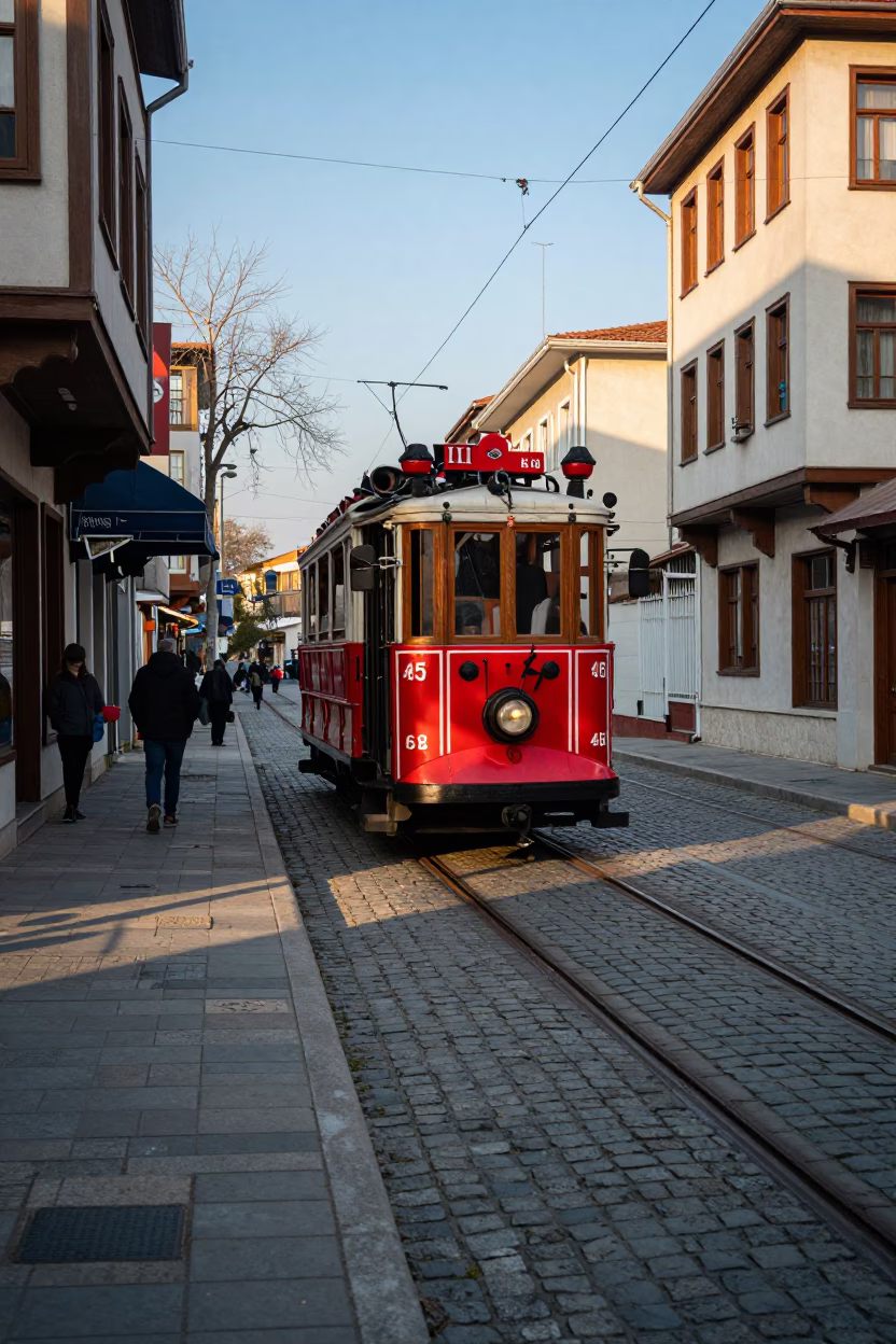 First Light Heritage Tram on Cobblestone Avenue in Izmir Turkey in in Izmir, Turkey
