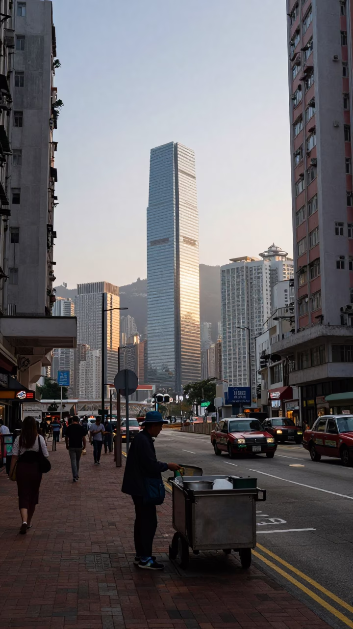 First Light Hong Kong Skyline Street Level View with Street Vendor and Morning Commuters in in Hong Kong, Hong Kong