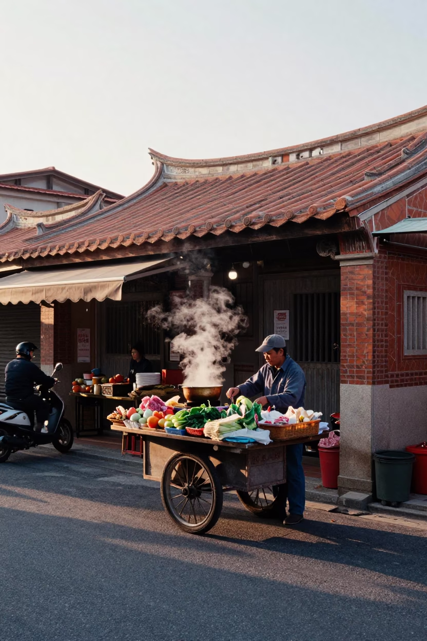 First light illuminates a traditional Tainan street corner with local vendors and historic architecture in in Tainan, Taiwan