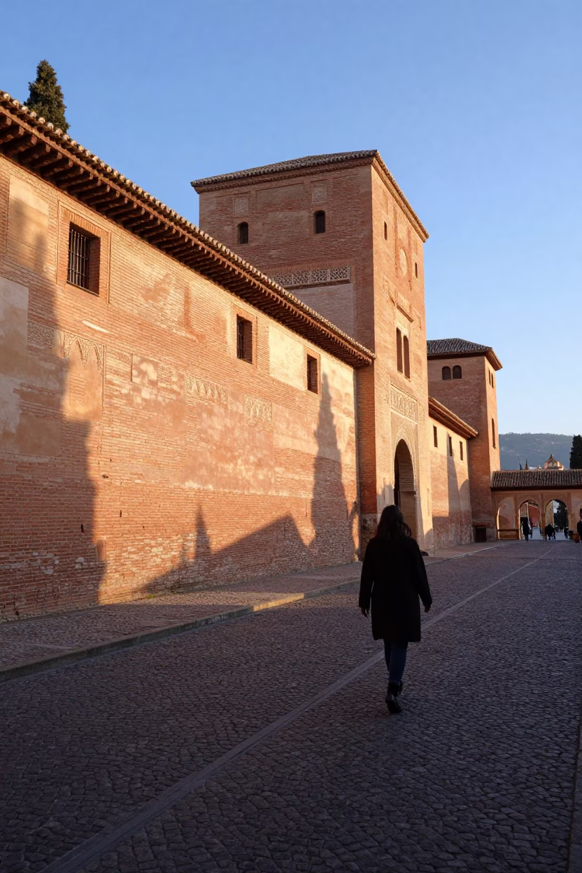 First Light Illuminates Alhambra Palace Walls and Cobblestone Street in Granada Spain Morning in in Granada, Spain
