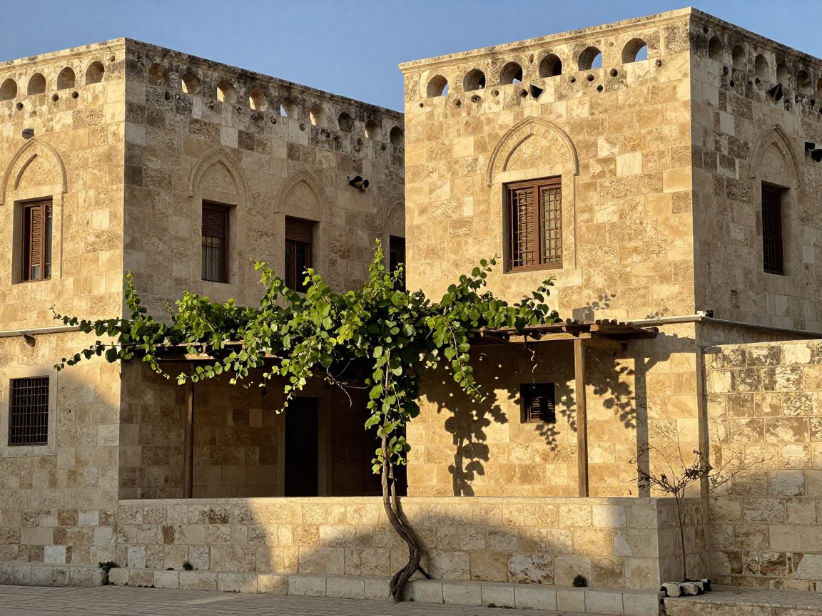 First Light Illuminates Amman Jordan Stone Architecture and Vine Trellis in in Amman, Jordan