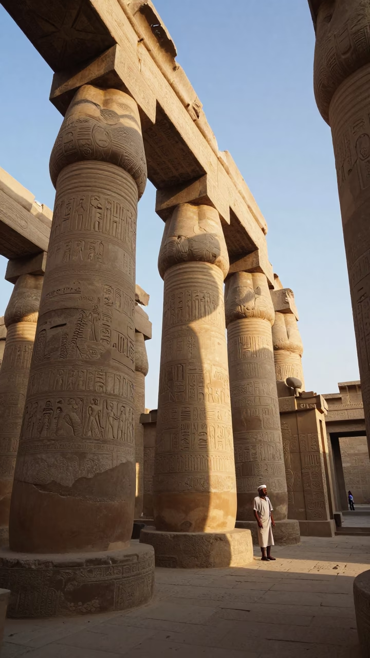 First Light Illuminates Ancient Temple Columns in Luxor Egypt with Local Street Scene in in Luxor, Egypt