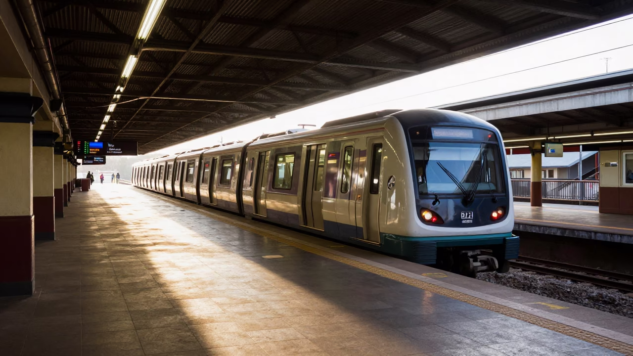 First Light Illuminates Art-Adorned Johannesburg Metro Station Train Arrival in in Johannesburg, South Africa