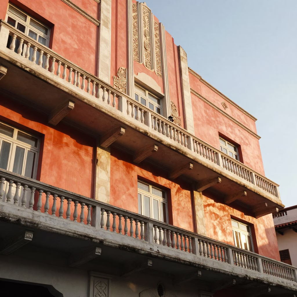 First Light Illuminates Art Deco Facade and Copper Pots in Cartagena Colombia Street Scene in in Cartagena, Colombia