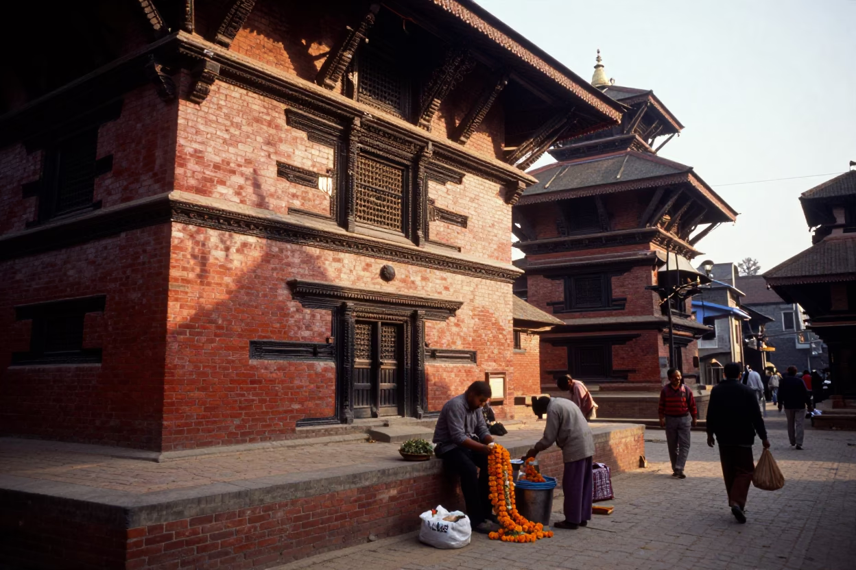First Light Illuminates Brick Architecture and Street Life in Historic Kathmandu Nepal in in Kathmandu, Nepal