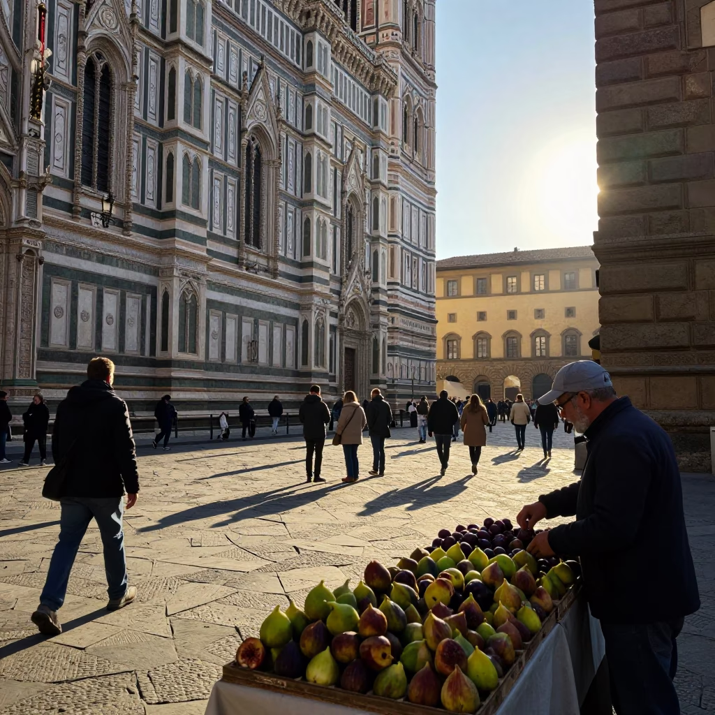 First light illuminates bustling Florence street scene with historic architecture and local vendors in in Florence, Italy