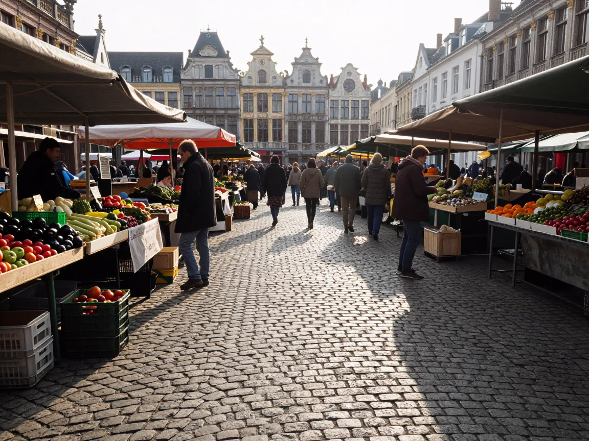 First Light Illuminates Busy Brussels Street Market with Cobblestones and Local Commerce in in Brussels, Belgium