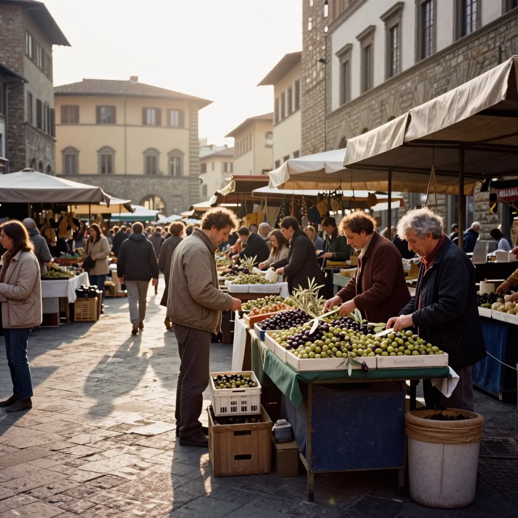 First Light Illuminates Busy Florence Market Stalls with Olives and Local Commerce in in Florence, Italy