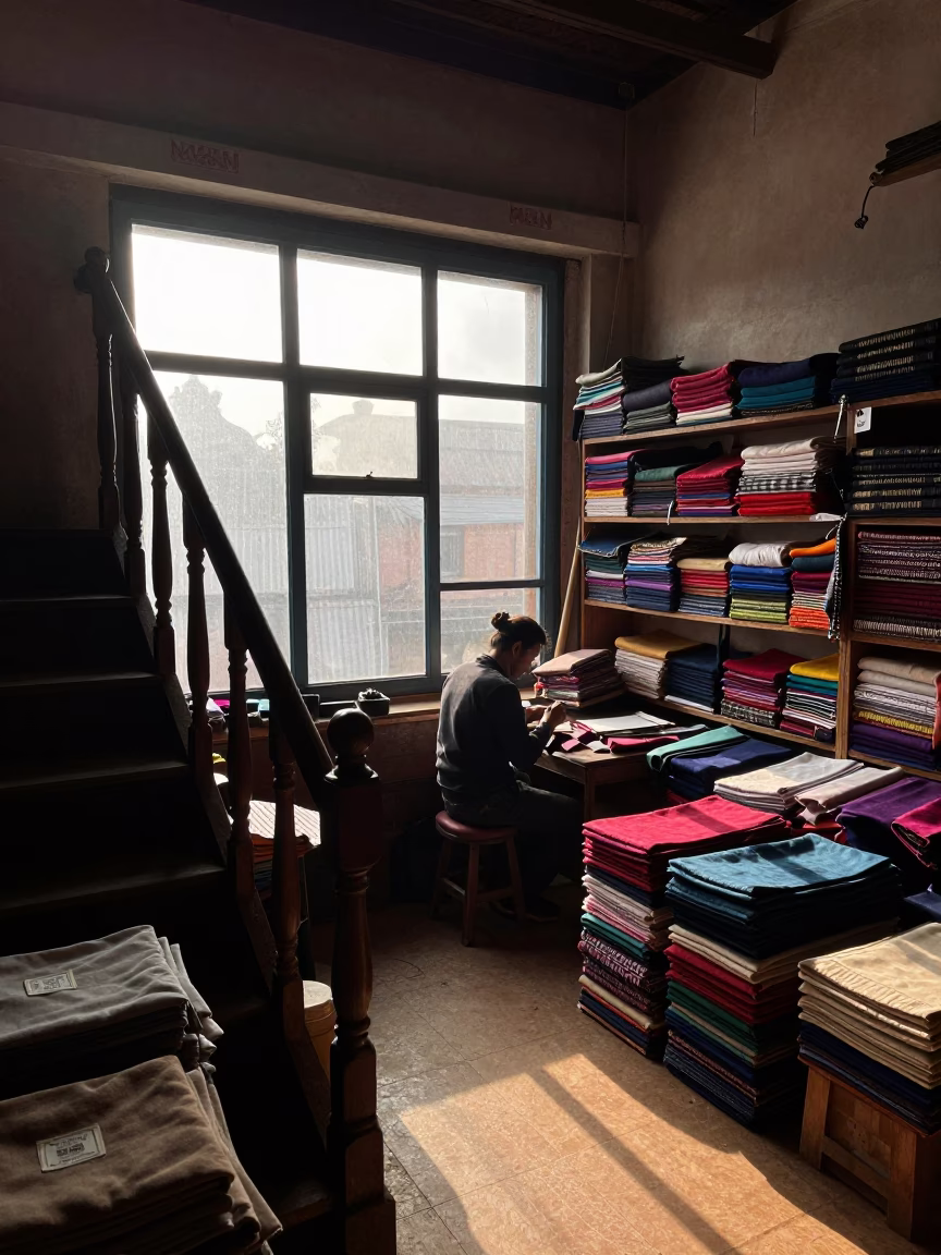 First Light Illuminates Busy Kathmandu Tailor Shop Interior with Stair Rail and Fabric Rolls in in Kathmandu, Nepal