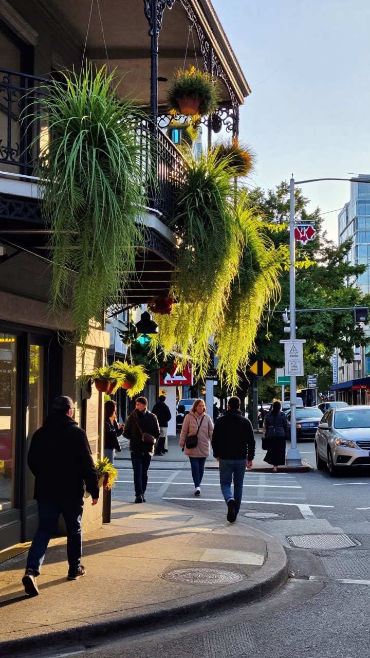 First Light Illuminates Busy Vancouver Street Scene with Hanging Plants and Urban Details in in Vancouver, British Columbia, Canada