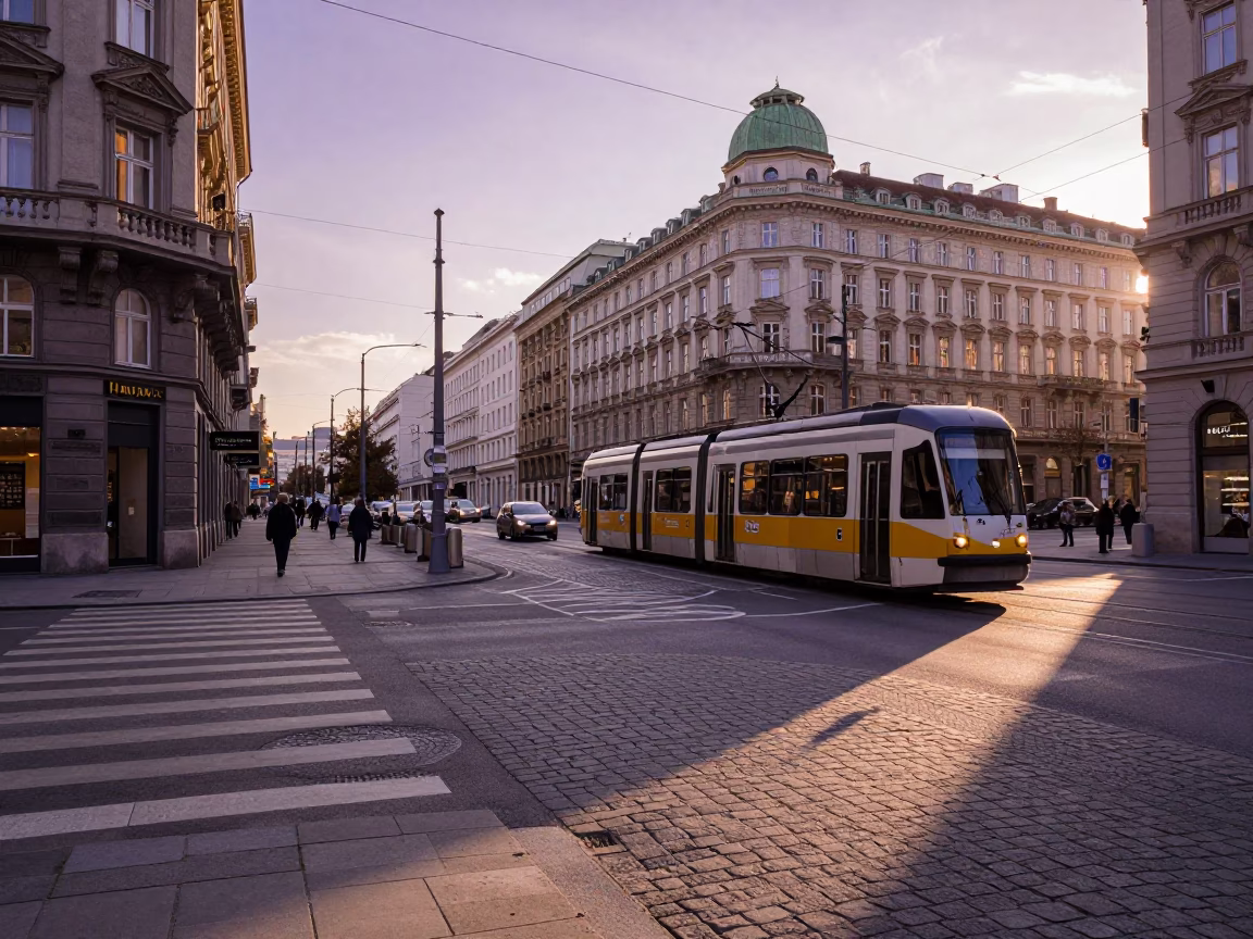 First Light Illuminates Busy Vienna Street Scene with Pollen and Local Details in in Vienna, Austria