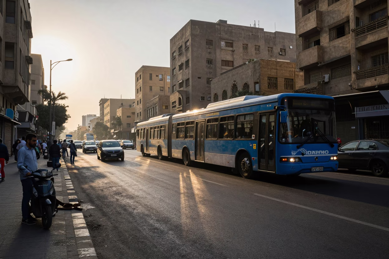 First Light Illuminates Cairo Street Scene with Monorail and Palm Trees in in Cairo, Egypt