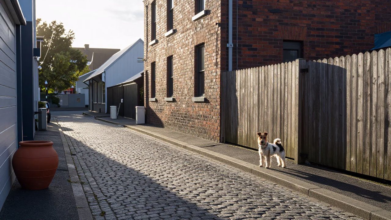 First light illuminates Christchurch New Zealand street with clay pot and Wire Fox Terrier in in Christchurch, New Zealand
