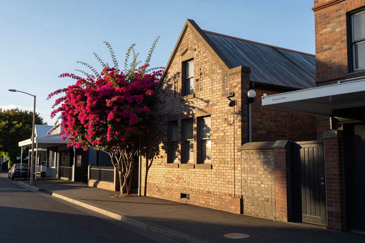 First light illuminates Christchurch street scene with bougainvillea and heritage architecture in in Christchurch, New Zealand