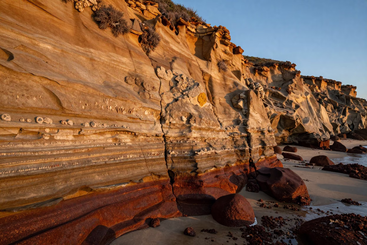 First Light Illuminates Coastal Cliff Fossils and Rusty Metal in San Diego California in in San Diego, California, United States